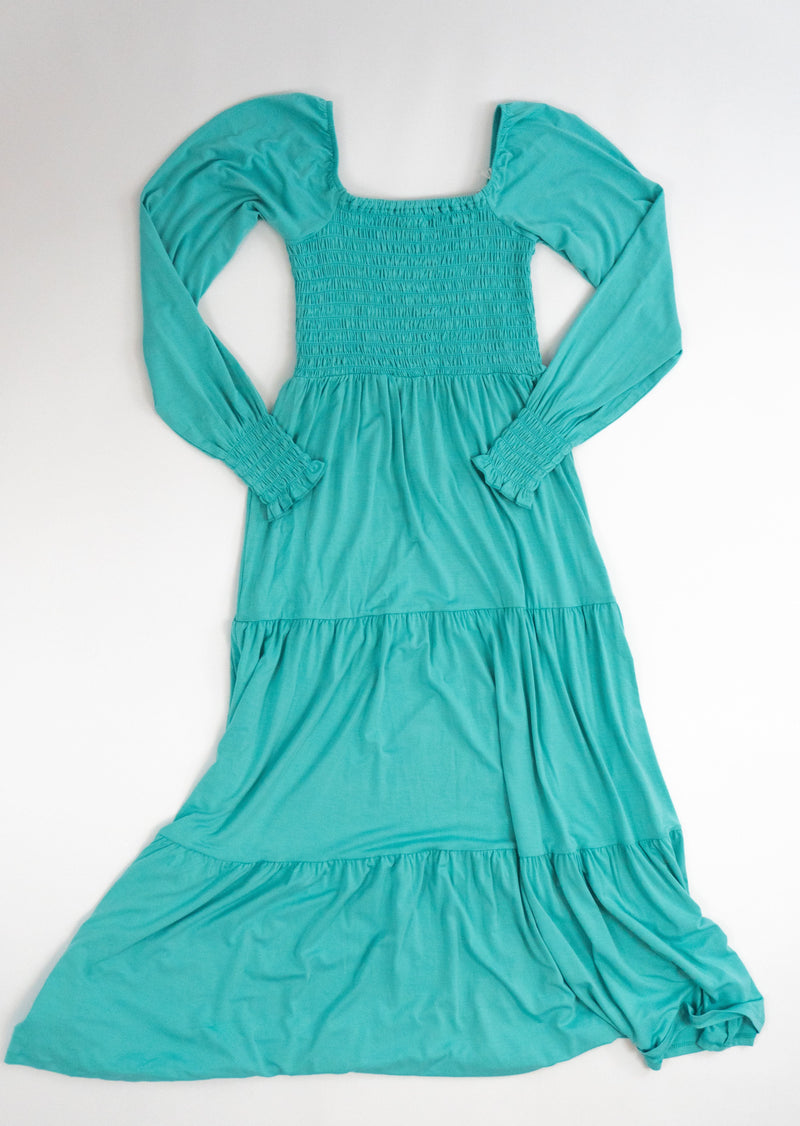Turquoise | Adult Long Sleeve Smocked Dress