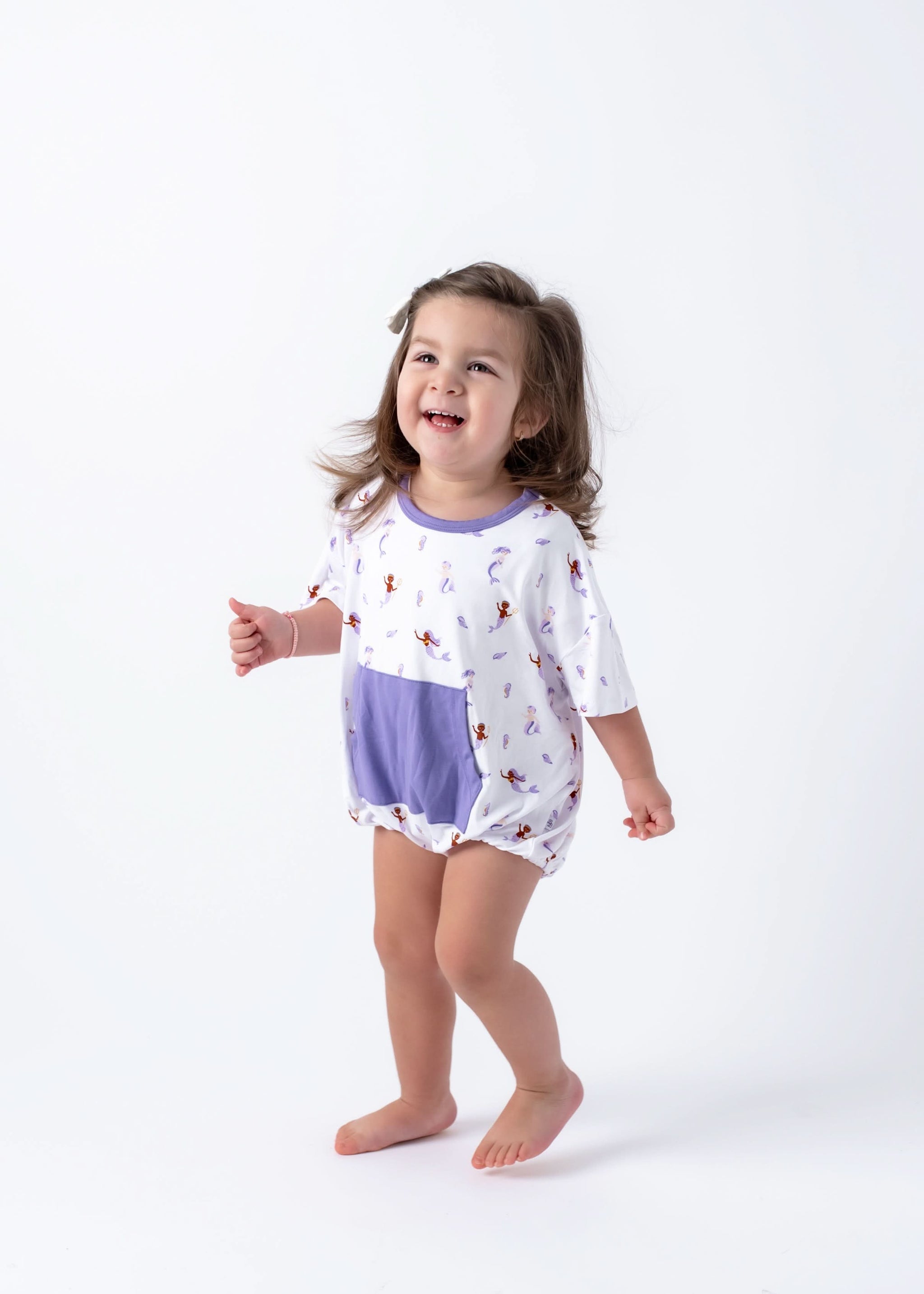 Baby Girl SweetWater Striped Bubble Romper – Aqua Stripe & Navy Ruffle Bib main image 1